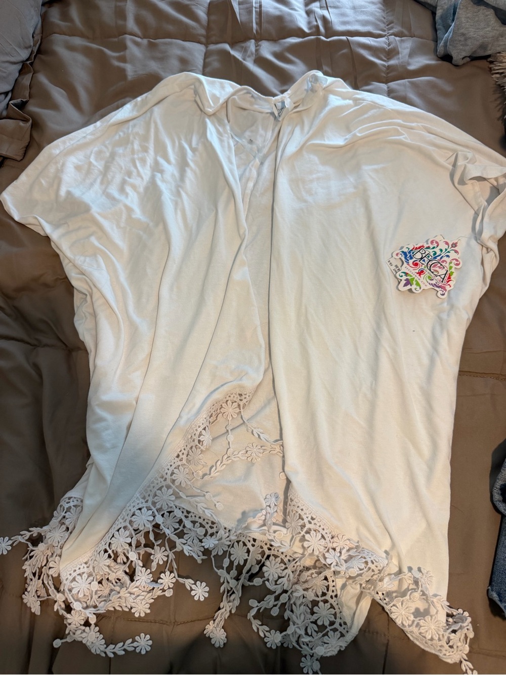BECCA Women's White Open-Front Tunic with Floral Crochet Trim